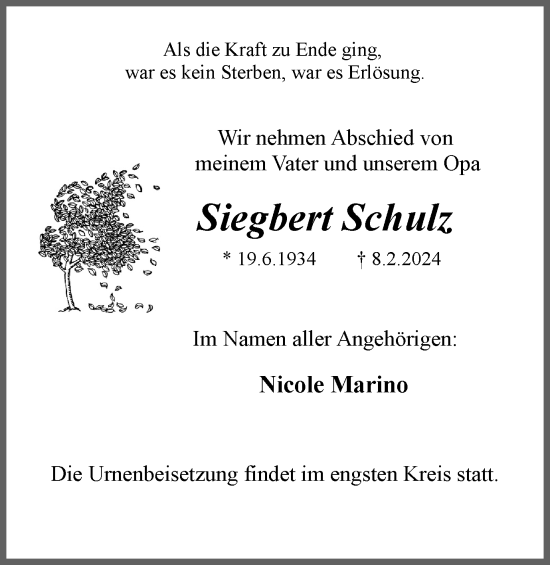 Traueranzeige von Siegbert Schulz von Tageszeitung