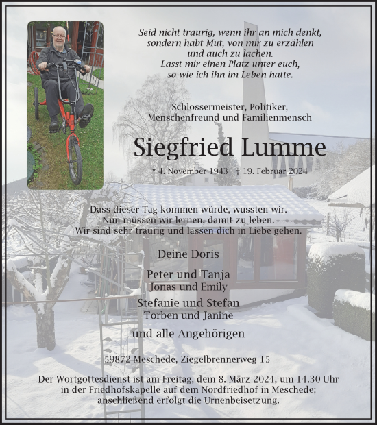 Traueranzeige von Siegfried Lumme von Tageszeitung