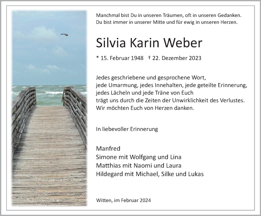  Traueranzeige für Silvia Karin Weber vom 10.02.2024 aus Tageszeitung