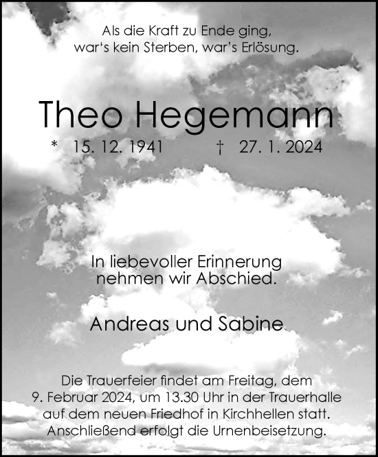 Traueranzeige von Theo Hegemam von Tageszeitung
