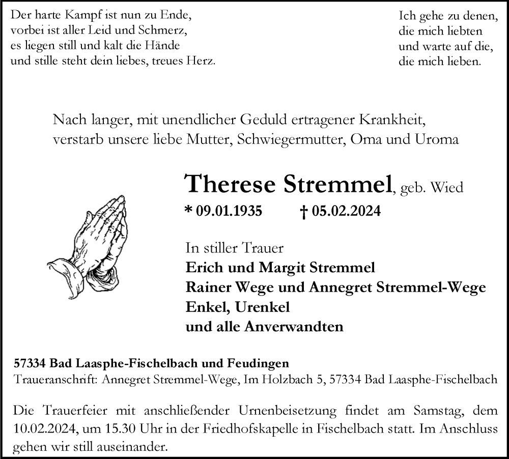  Traueranzeige für Therese Stremmel vom 08.02.2024 aus Tageszeitung