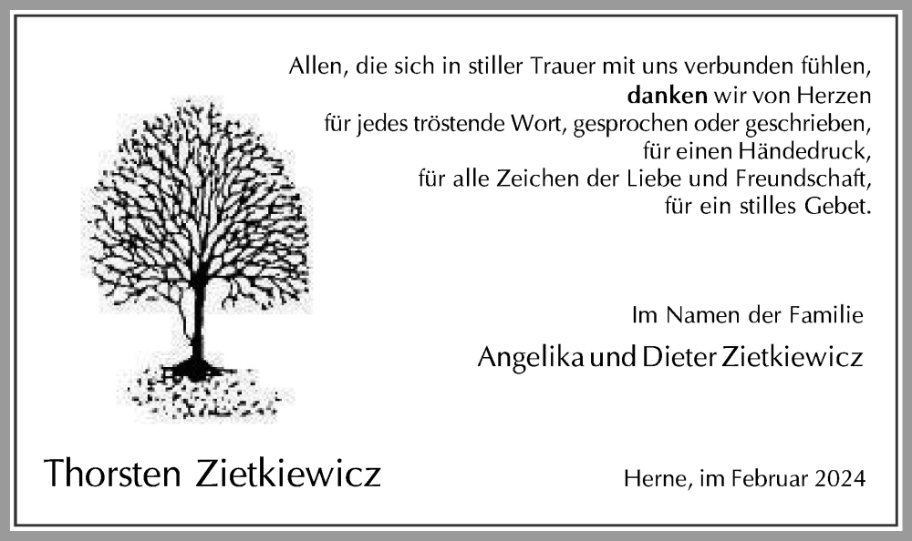  Traueranzeige für Thorsten Zietkiewicz vom 24.02.2024 aus Tageszeitung