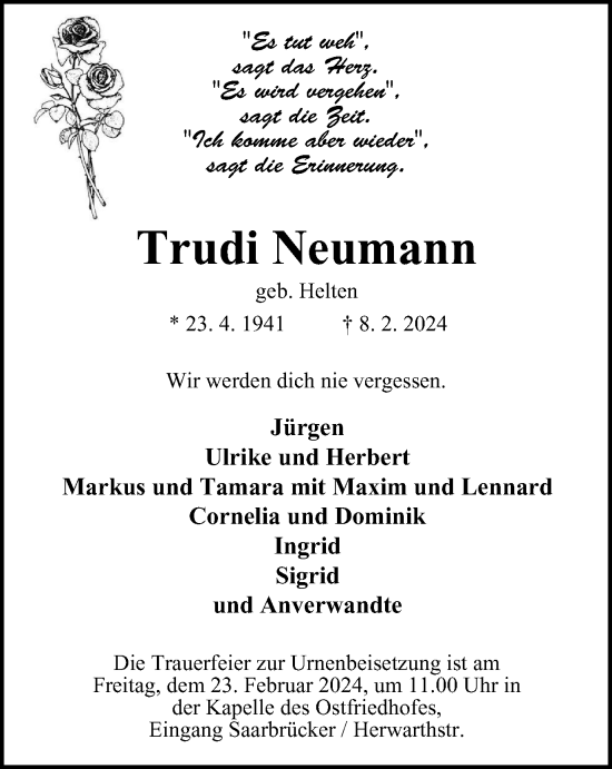 Traueranzeige von Trudi Neumann von Tageszeitung