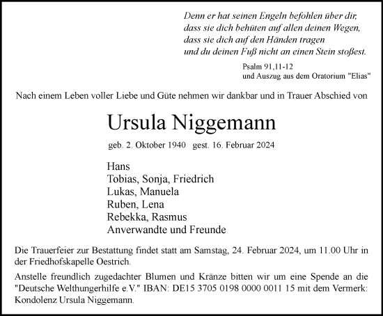Traueranzeige von Ursula Niggemann von Tageszeitung