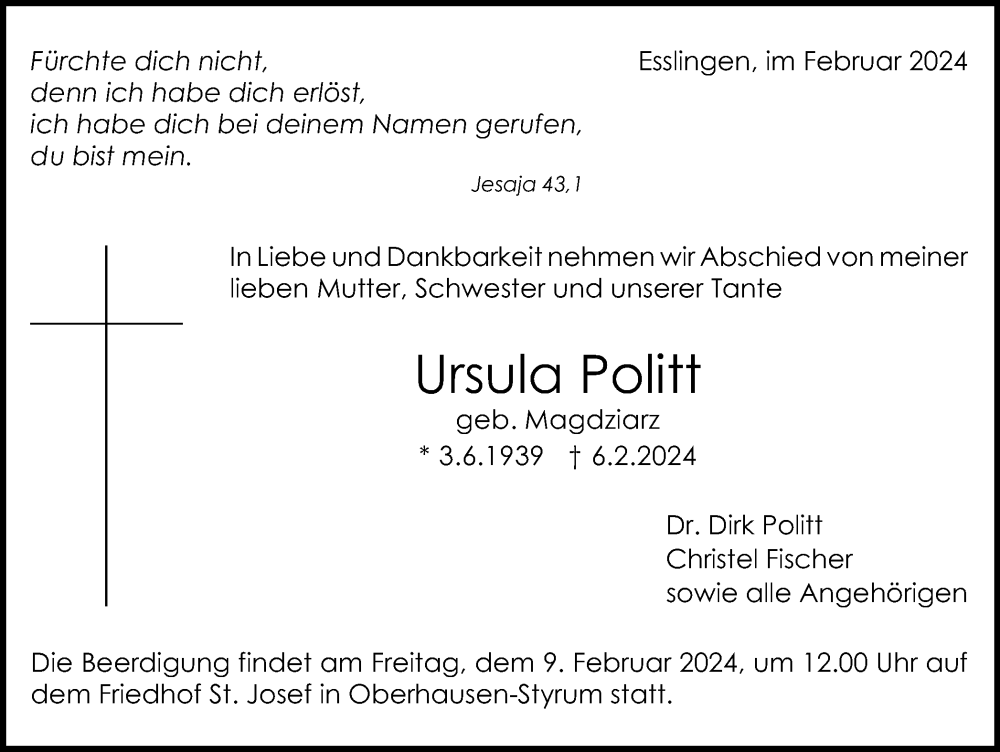  Traueranzeige für Ursula Politt vom 08.02.2024 aus Tageszeitung