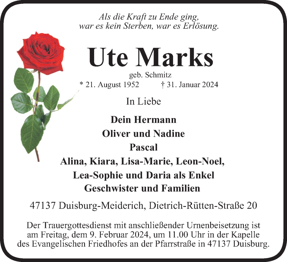  Traueranzeige für Ute Marks vom 07.02.2024 aus Tageszeitung