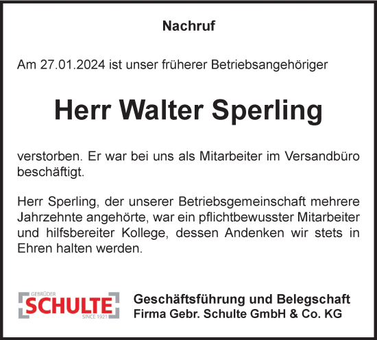 Traueranzeige von Walter Sperling von Tageszeitung