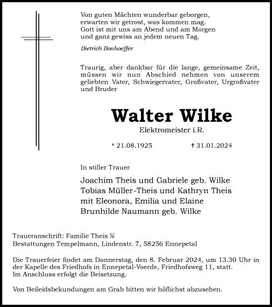 Traueranzeige von Walter Wilke von Tageszeitung