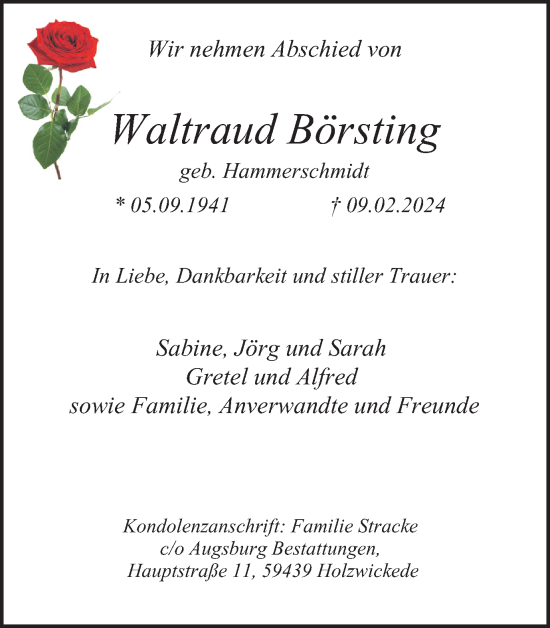 Traueranzeige von Waltraud Börsting von Tageszeitung
