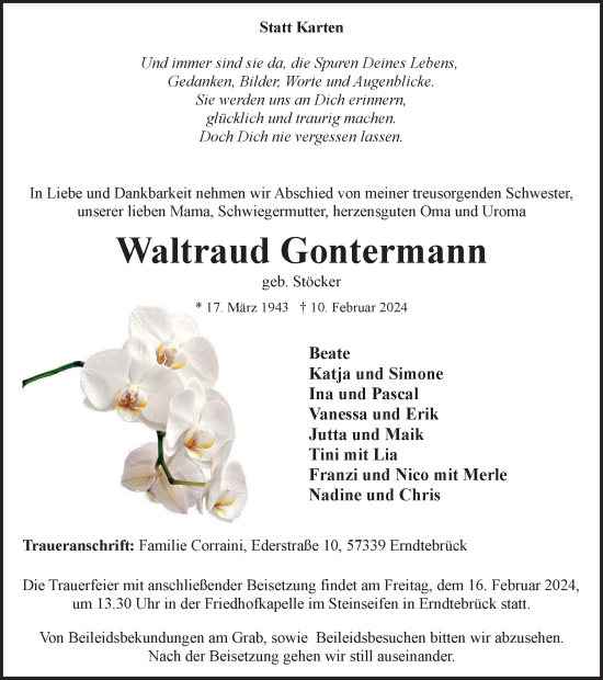Traueranzeige von Waltraud Gontermann von Tageszeitung