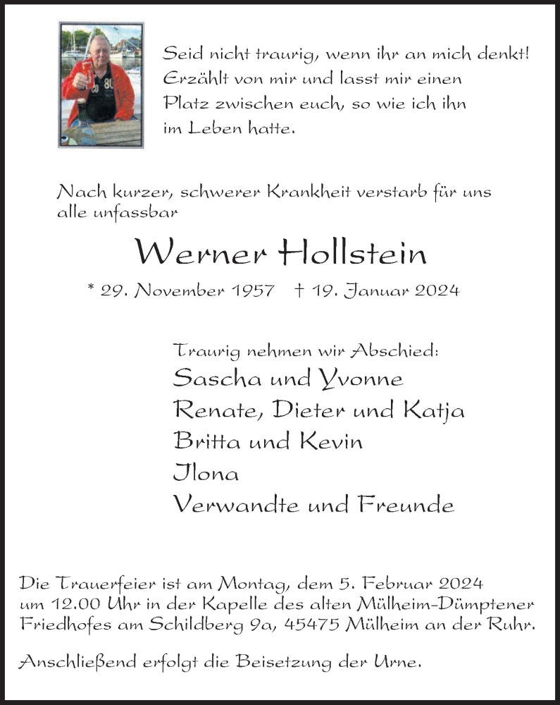  Traueranzeige für Werner Hollstein vom 03.02.2024 aus Tageszeitung