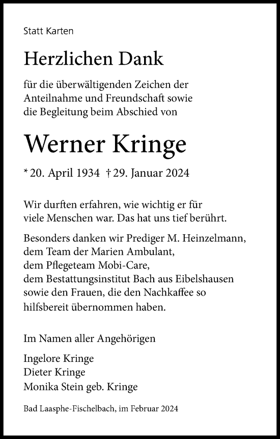 Traueranzeige von Werner Kringe von Tageszeitung