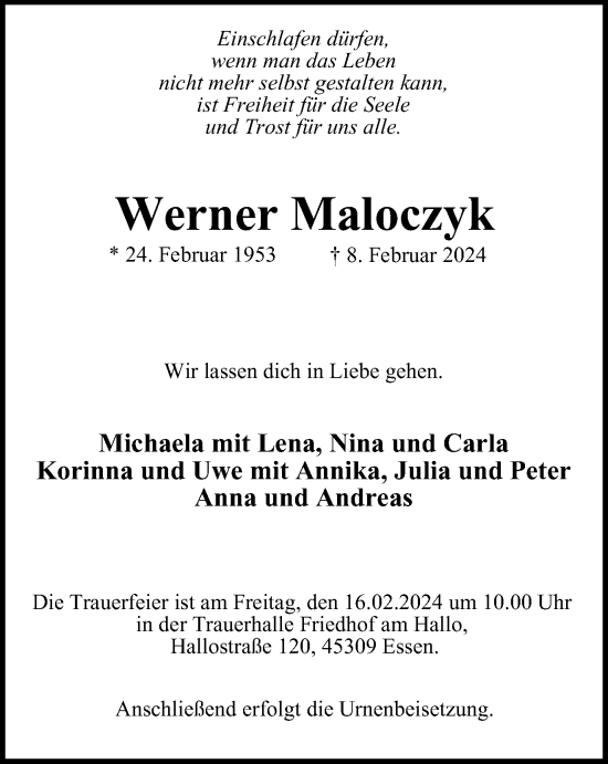 Traueranzeige von Werner Maloczyk von Tageszeitung