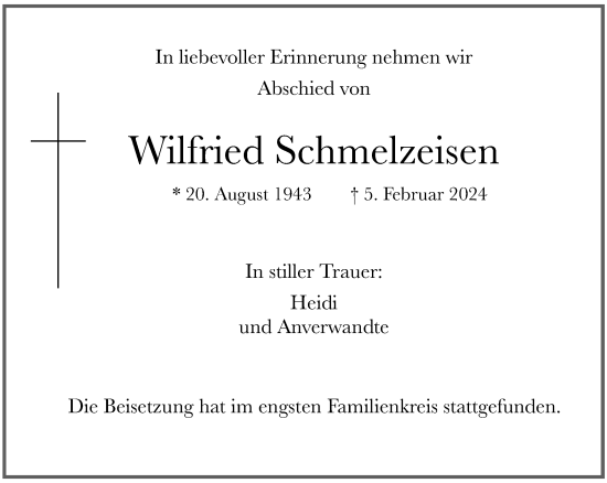 Traueranzeige von Wilfried Schmelzeisen von Tageszeitung