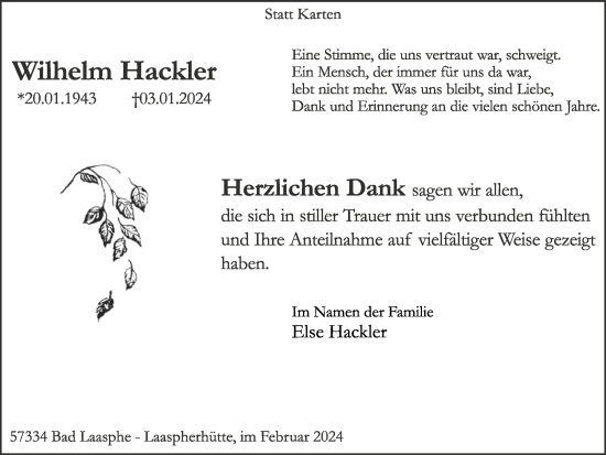 Traueranzeige von Wilhelm Hackler von Tageszeitung