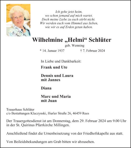 Traueranzeige von Wilhelmine Schlüter von Tageszeitung
