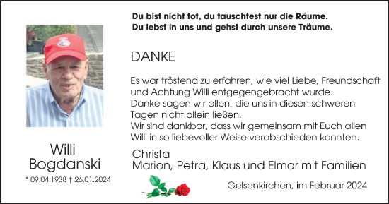 Traueranzeige von Willi Bogdanski von Tageszeitung