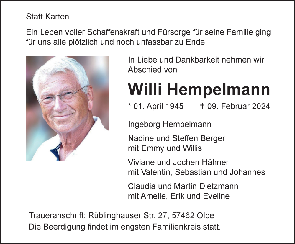  Traueranzeige für Willi Hempelmann vom 15.02.2024 aus Tageszeitung