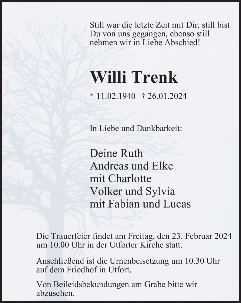  Traueranzeige für Willi Trenk vom 03.02.2024 aus Tageszeitung