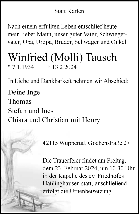 Traueranzeige von Winfried Tausch von Tageszeitung