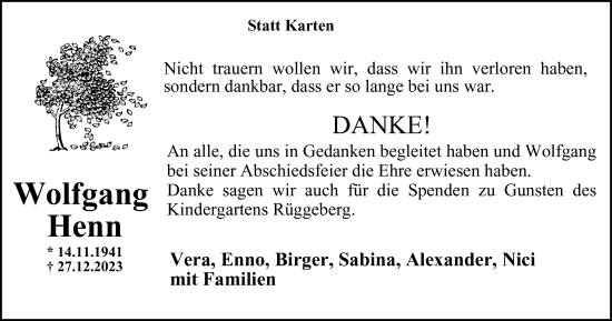 Traueranzeige von Wolfgang Henn von Tageszeitung