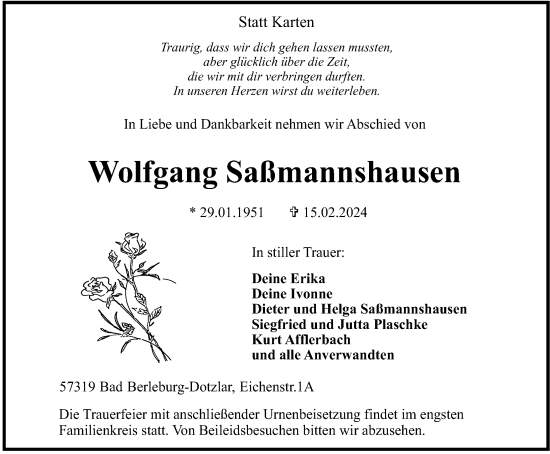 Traueranzeige von Wolfgang Saßmannshausen von Tageszeitung