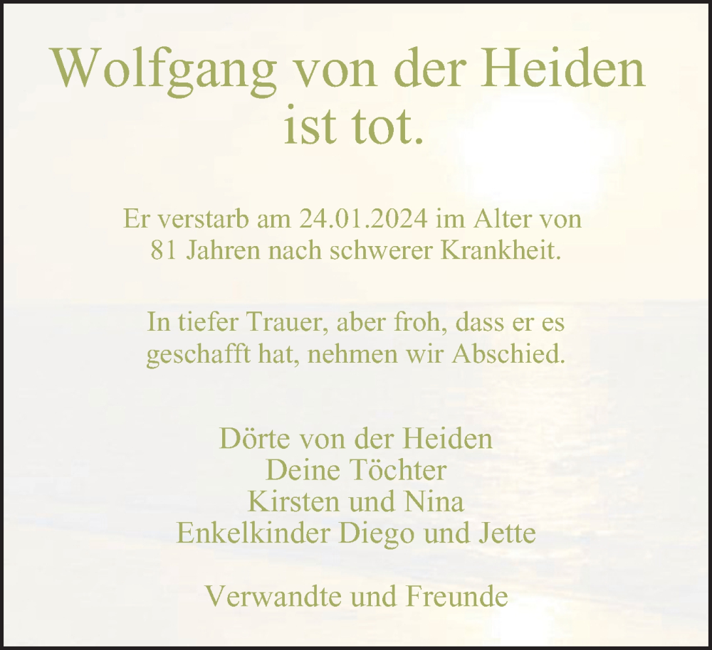  Traueranzeige für Wolfgang von der Heiden vom 10.02.2024 aus Tageszeitung