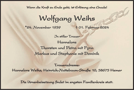 Traueranzeige von Wolfgang Weihs von Tageszeitung