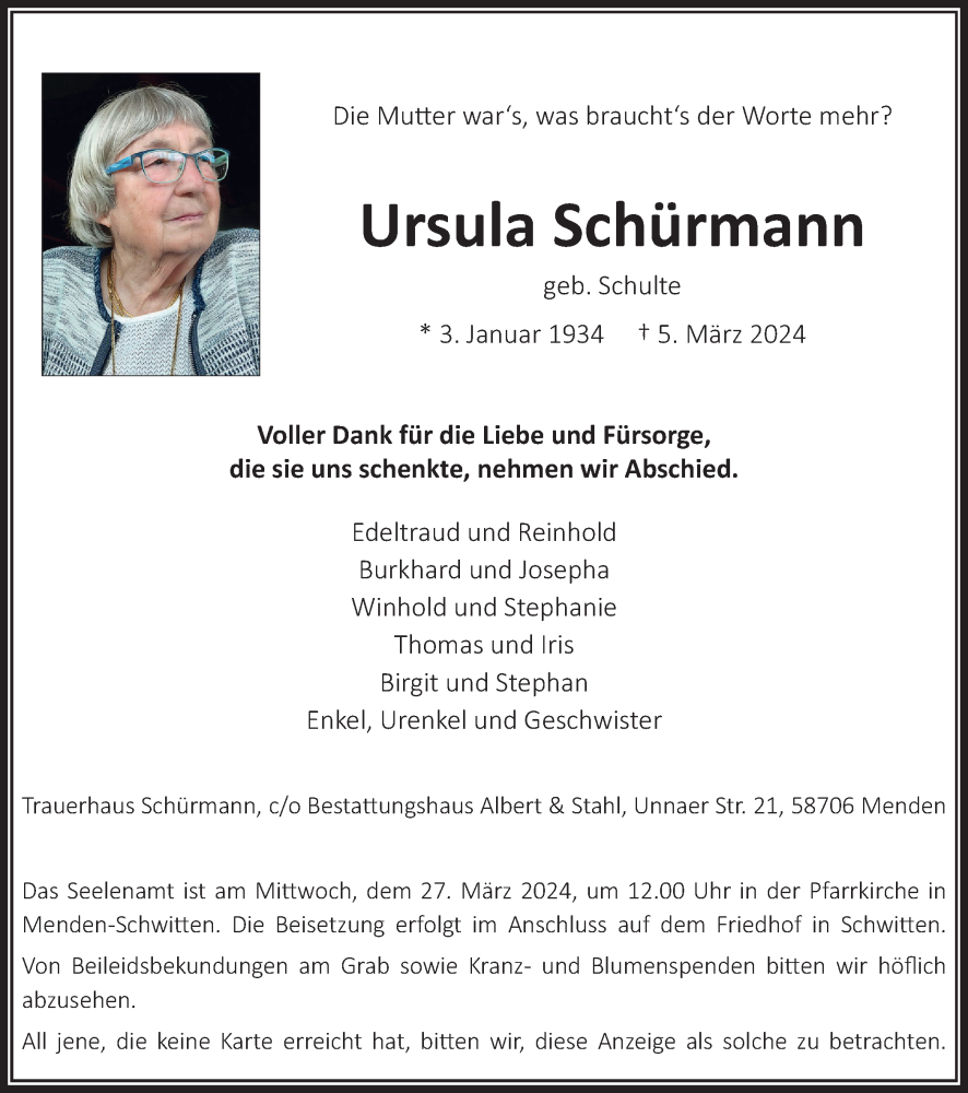  Traueranzeige für Ursula Schürmann vom 16.03.2024 aus FUNKE Medien NRW GmbH