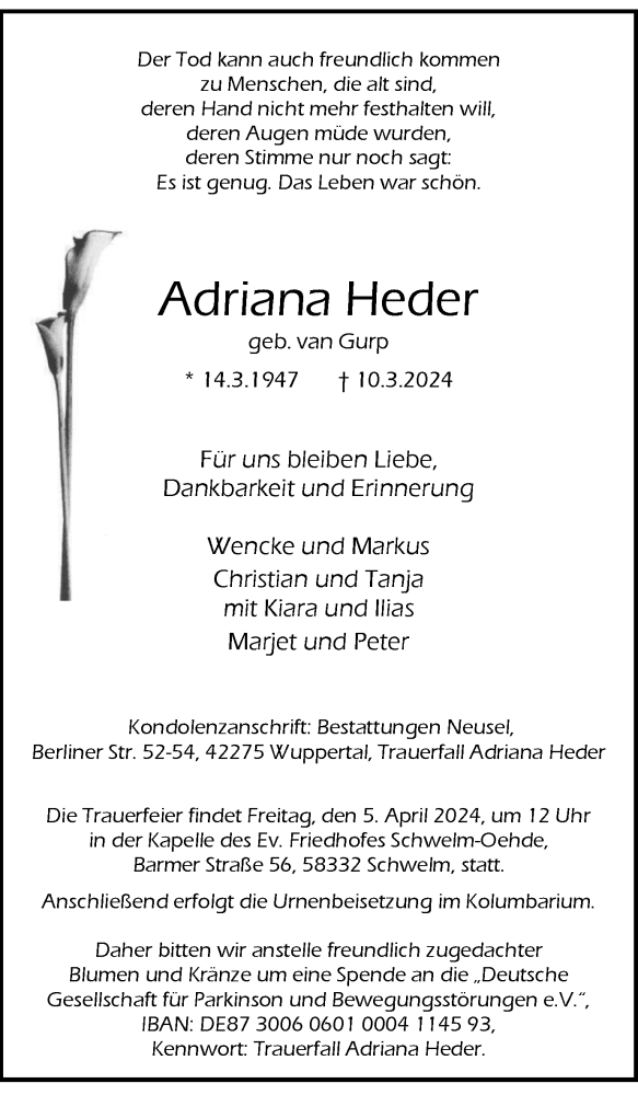  Traueranzeige für Adriana Heder vom 23.03.2024 aus Tageszeitung