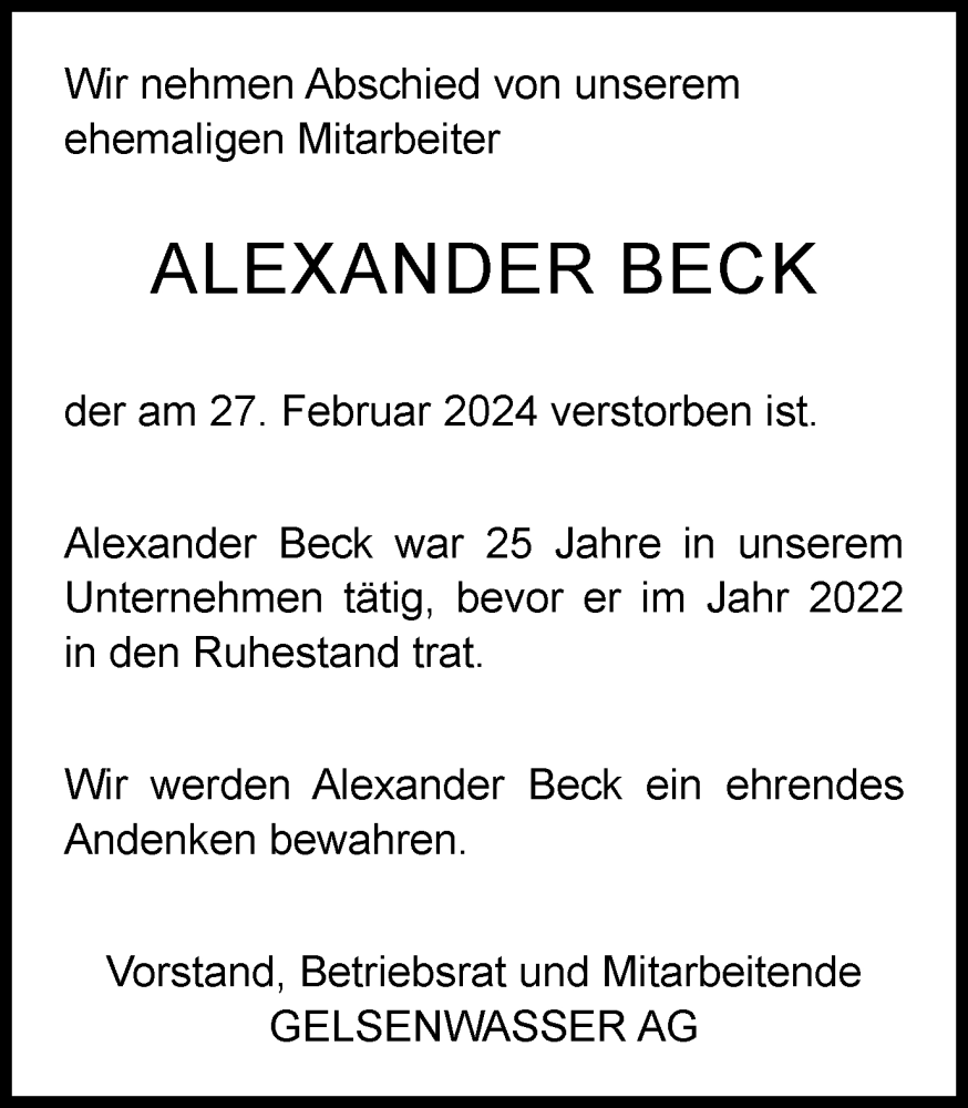  Traueranzeige für Alexander Beck vom 15.03.2024 aus Tageszeitung
