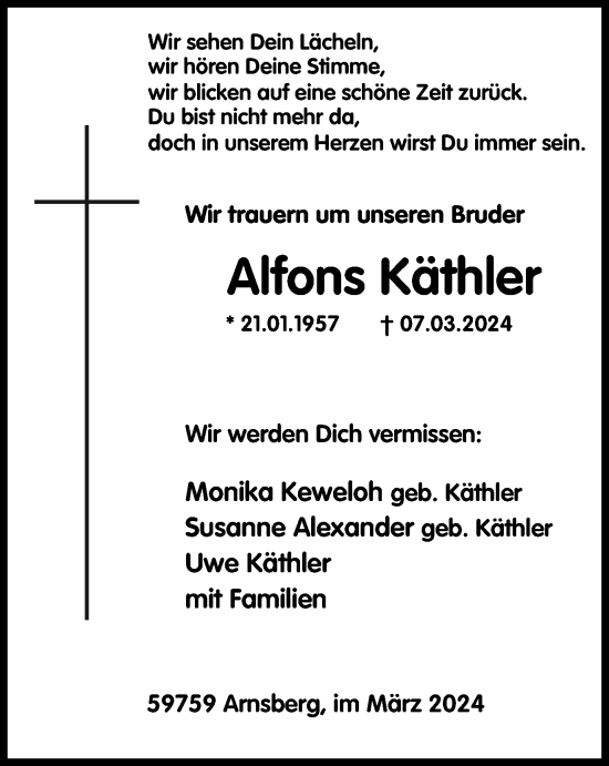 Traueranzeige von Alfons Käthler von Tageszeitung