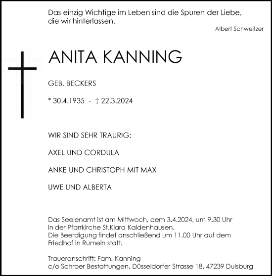 Traueranzeige von Anita Kannig von Tageszeitung