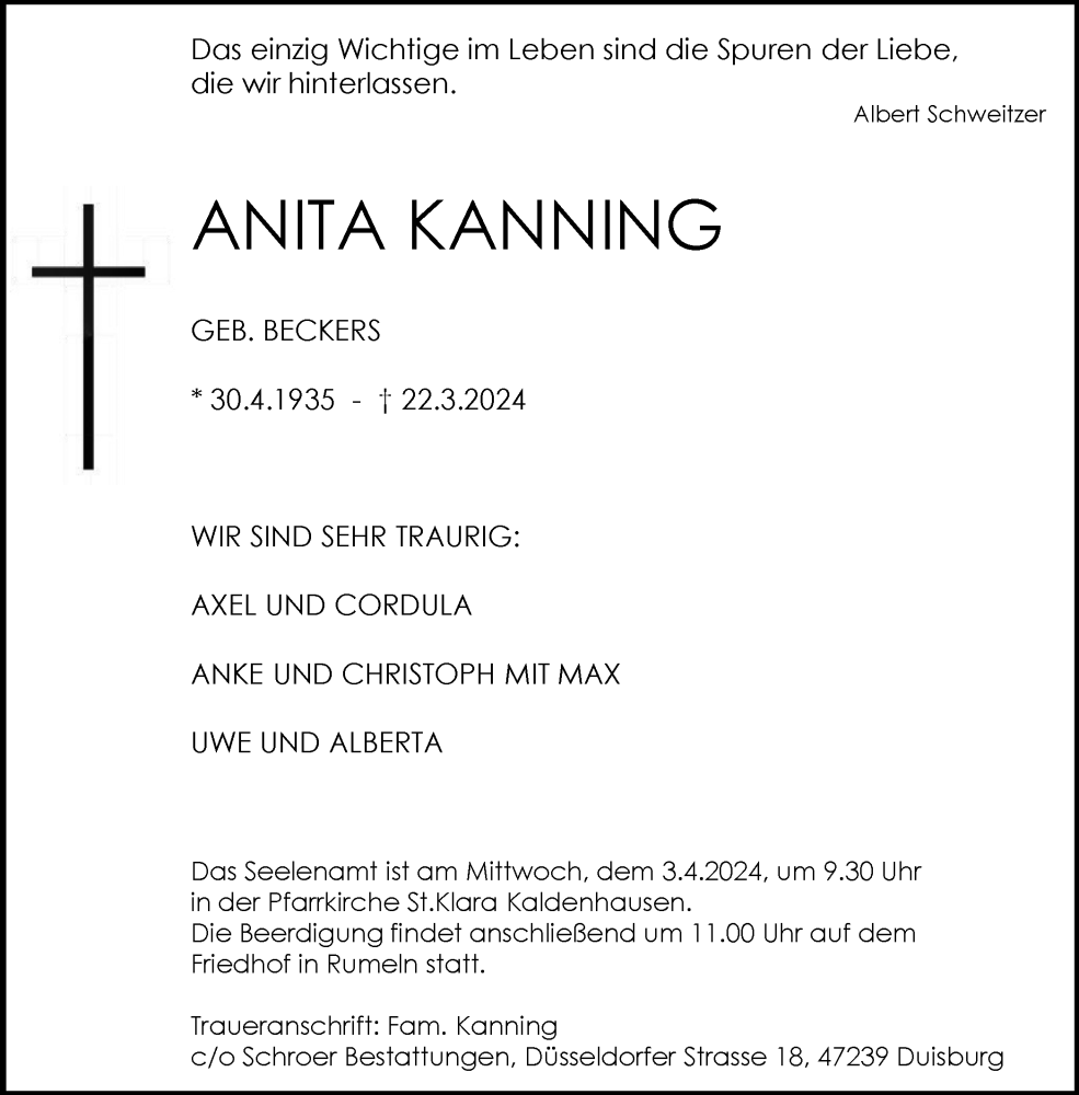  Traueranzeige für Anita Kannig vom 30.03.2024 aus Tageszeitung