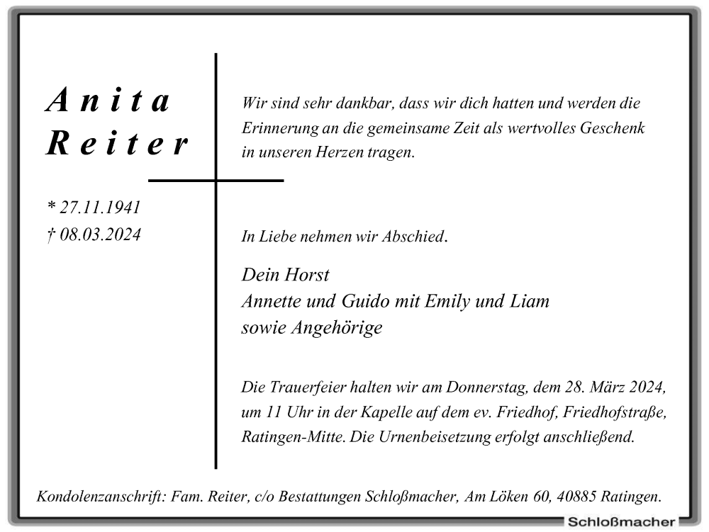  Traueranzeige für Anita Reiter vom 16.03.2024 aus Tageszeitung
