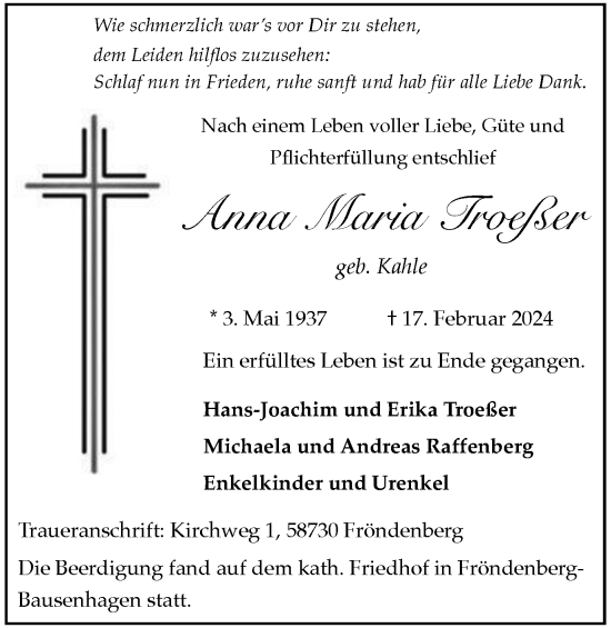 Traueranzeige von Anna Maria Troeßer von Tageszeitung