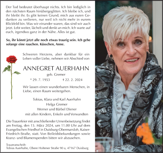 Traueranzeige von Annegret Auerhahn von Tageszeitung