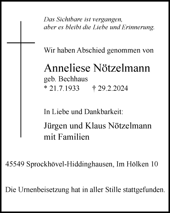 Traueranzeige von Anneliese Nötzelmann von Tageszeitung