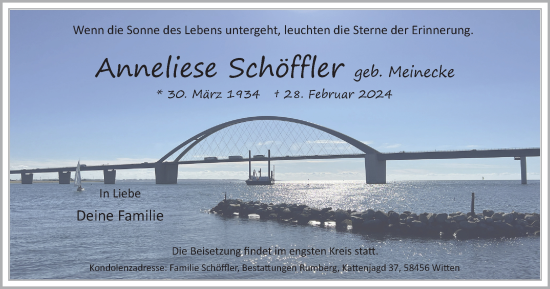 Traueranzeige von Anneliese Schöffler von Tageszeitung