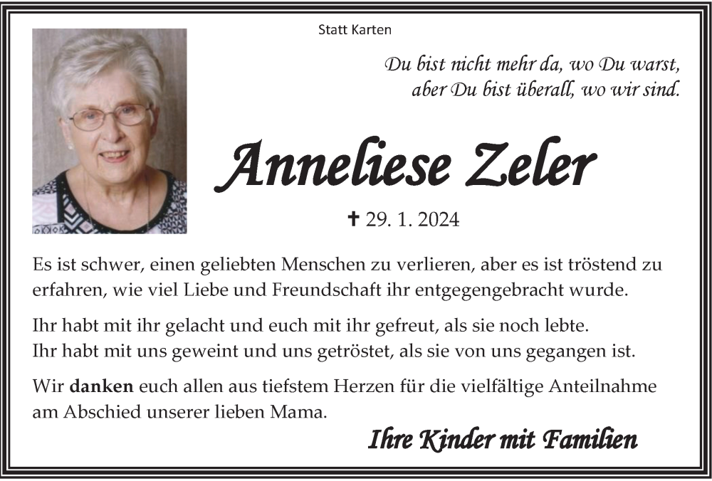  Traueranzeige für Anneliese Zeler vom 09.03.2024 aus Tageszeitung