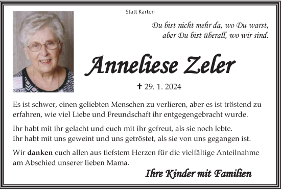 Traueranzeige von Anneliese Zeler von Tageszeitung