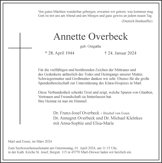 Traueranzeige von Annette Overbeck von Tageszeitung