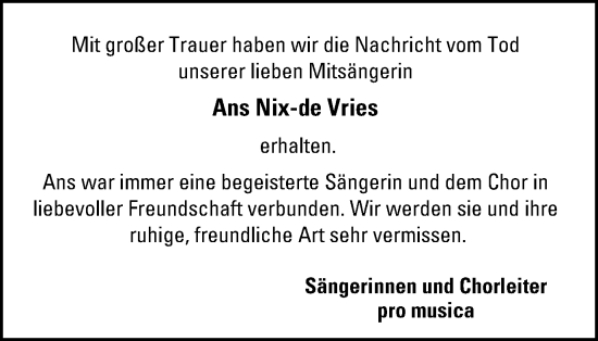 Traueranzeige von Ans Nix-de Vries von Tageszeitung