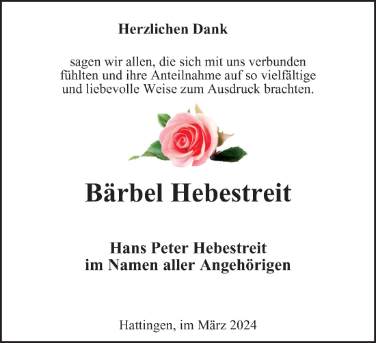 Traueranzeige von Bärbel Hebestreit von Tageszeitung
