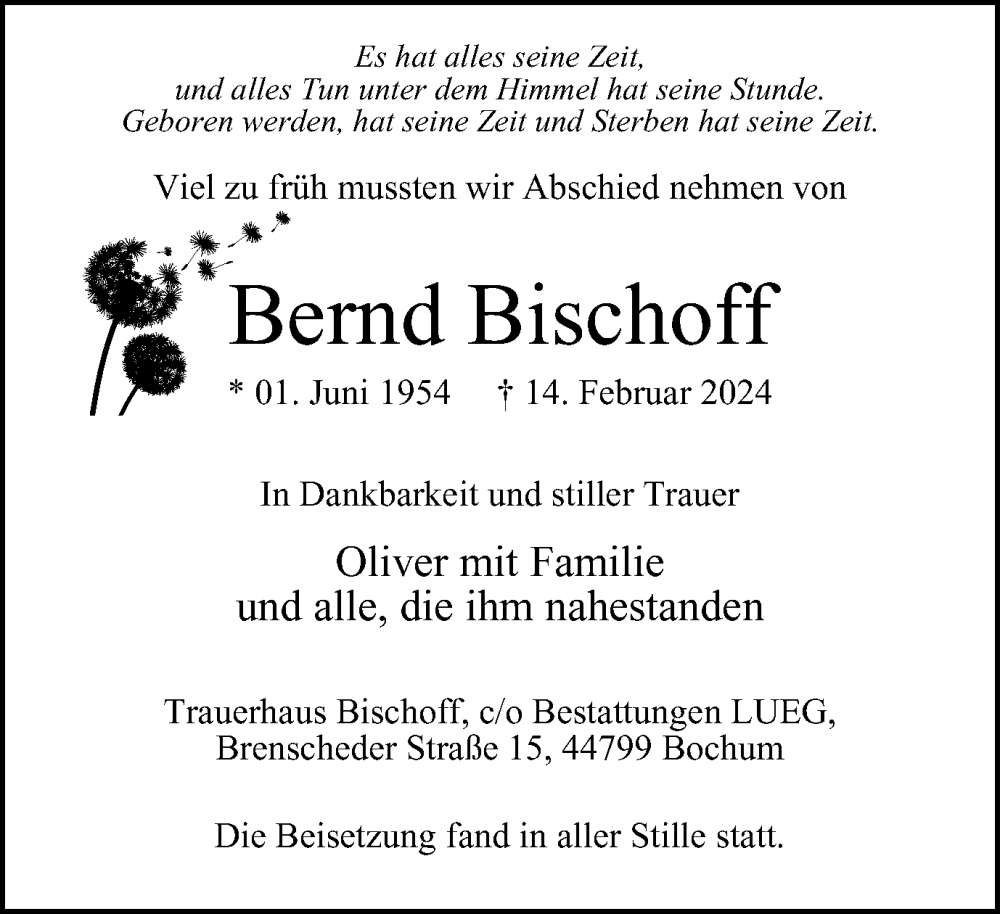  Traueranzeige für Bernd Bischoff vom 16.03.2024 aus Tageszeitung