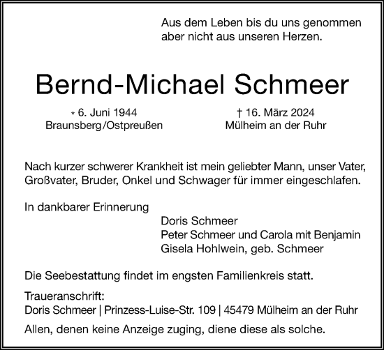 Traueranzeige von Bernd-Michael Schmeer von Tageszeitung