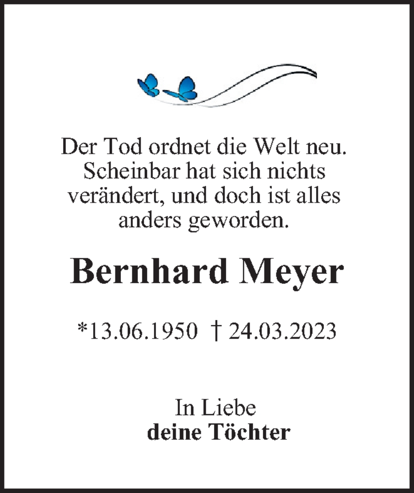  Traueranzeige für Bernhard Meyer vom 30.03.2024 aus Tageszeitung