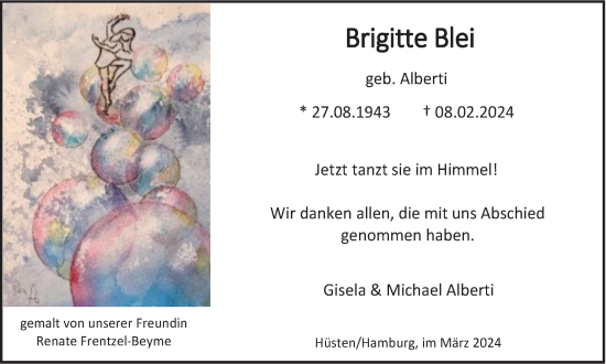 Traueranzeige von Brigitte Blei von Tageszeitung