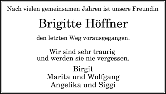 Traueranzeige von Brigitte Höffner von Tageszeitung