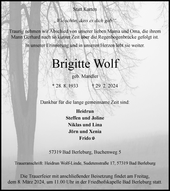 Traueranzeige von Brigitte Wolf von Tageszeitung